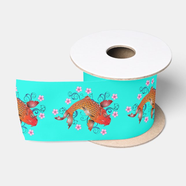 Koi fish oriental orange turquoise floral elegant  satin ribbon (Spool)