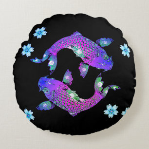 Koi fish oriental yin yang black purple floral round pillow