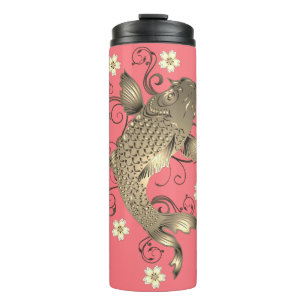 Koi fish peach and gold oriental floral elegant thermal tumbler