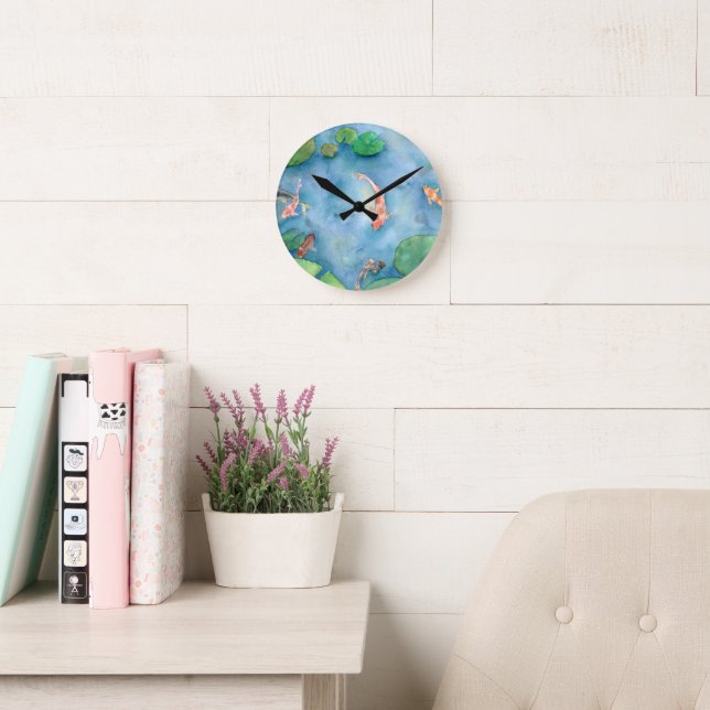 Koi Fish Pond watercolor Round Clock (Reading Room)