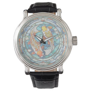 Koi Fish Stained Glass Japanese Asain Fish Clock Watch