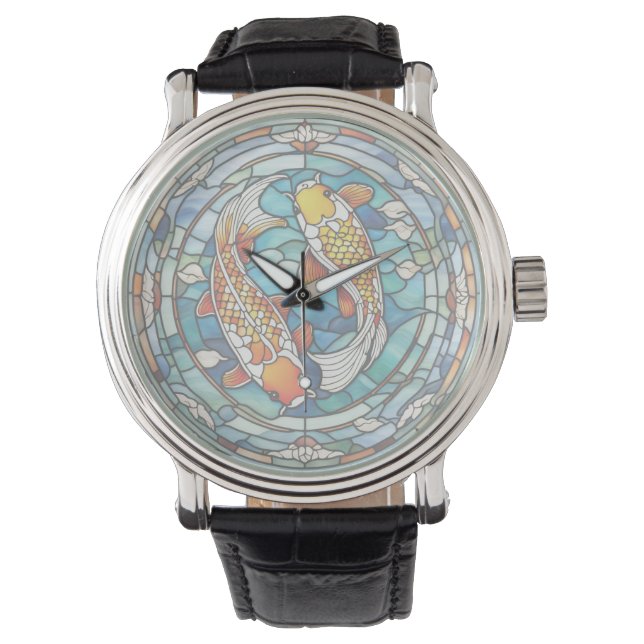 Koi Fish Stained Glass Japanese Asain Fish Clock Watch (Front)