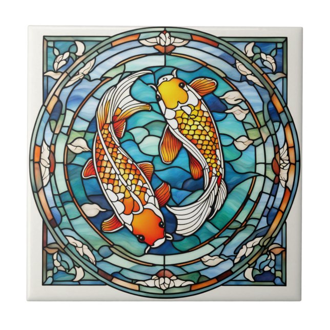 Koi Fish Stained Glass Japanese Asain Fish Tile (Front)