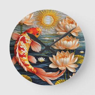 Koi Fish Surrounded by Lotus Flowers Round Clock