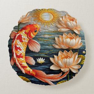 Koi Fish Surrounded by Lotus Flowers Round Pillow