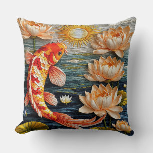 Koi Fish Surrounded by Lotus Flowers Throw Pillow