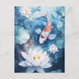 Koi Fish Swimming in Moody Indigo Lotus Pond Postcard
