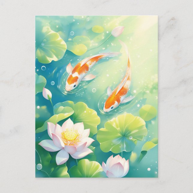Koi Fish Swimming in Pink Lotus Flower Pond Postcard (Front)