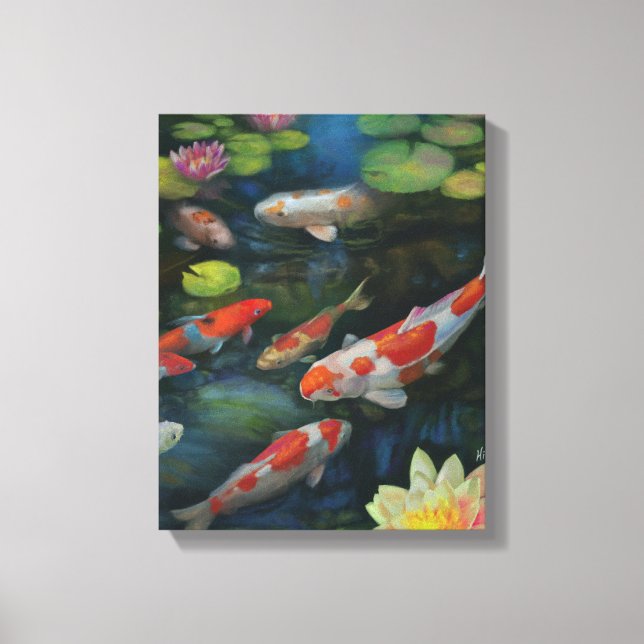 Koi Fish Swimming Lotus Flower Pond Zen Painting Canvas Print (Front)