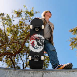 Koi Fish Taiji Circle Japanese Art Black And White Skateboard