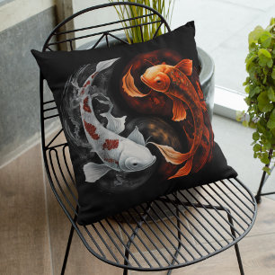 Koi Fish Taiji Circle Japanese Art Black And White Throw Pillow