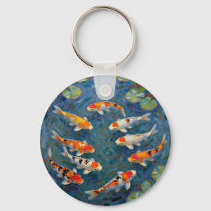 Koi Fish Water Lilies Impressionist Pond Keychain
