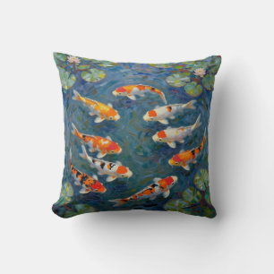Koi Fish Water Lilies Impressionist Pond Throw Pillow