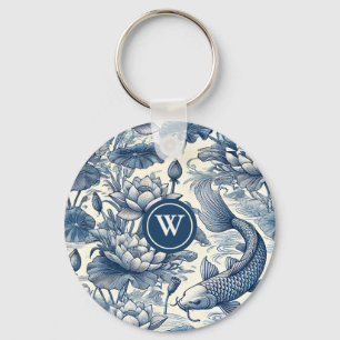 Koi Fish Water Lily Blue Chinoiserie Toile Initial Keychain