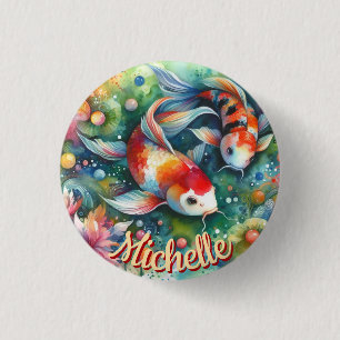 Koi Fish Whimsical Watercolor Orange Personalized 1 Inch Round Button