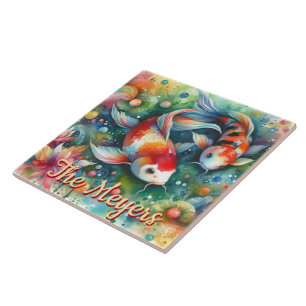 Koi Fish Whimsical Watercolor Orange Personalized Tile