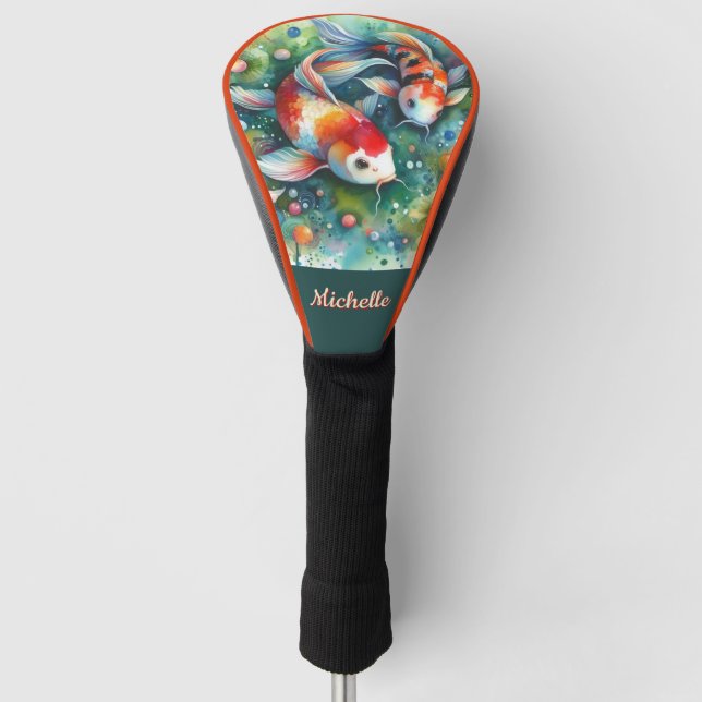 Koi Fish Whimsical Watercolor Personalized Golf Head Cover (Front)
