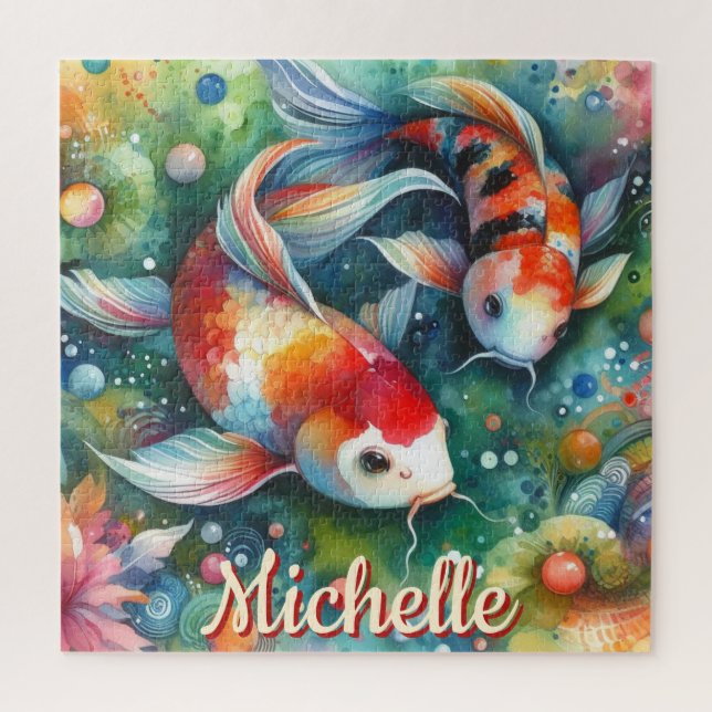 Koi Fish Whimsical Watercolor Personalized Jigsaw Puzzle (Vertical)