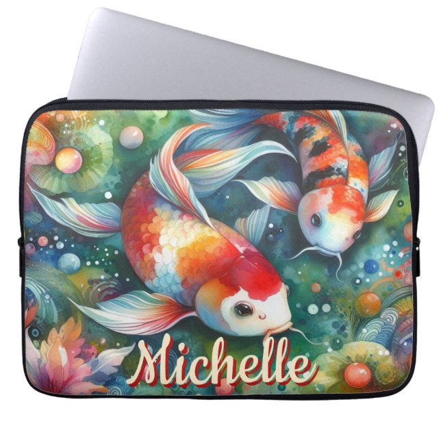 Koi Fish Whimsical Watercolor Personalized Laptop Sleeve (Front)