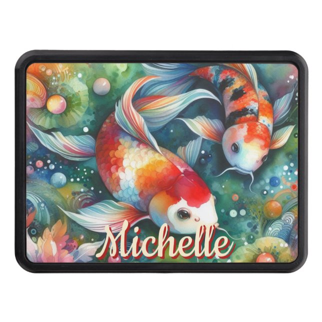 Koi Fish Whimsical Watercolor Personalized Trailer Hitch Cover (Front)