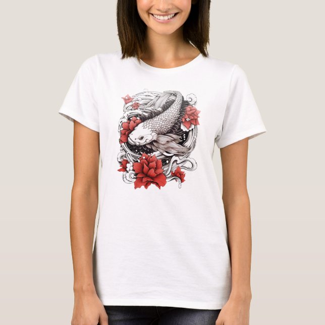  Koi Fish With Flowers | Japanese Design T-Shirt (Front)