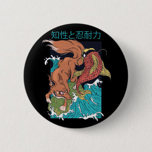 Koi Fish with Fox Japanese Style Design 2 Inch Round Button