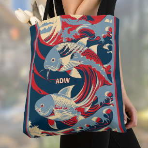 Koi Fish with Red Blue Great Wave Monogram Tote Bag