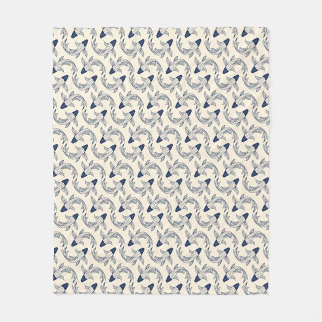 Koi Goldfish Wavy Pattern in Blue and Cream Fleece Blanket (Front)
