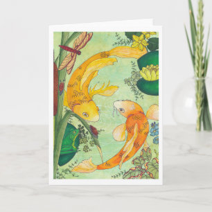 Koi In A Pond Folded Blank Card by Heather T.