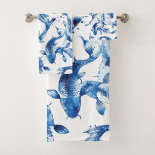 Koi indigo shibori pattern bath towel set