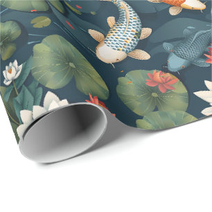 Koi Pond and Lotus Flowers Pattern, Elegant Nature Wrapping Paper