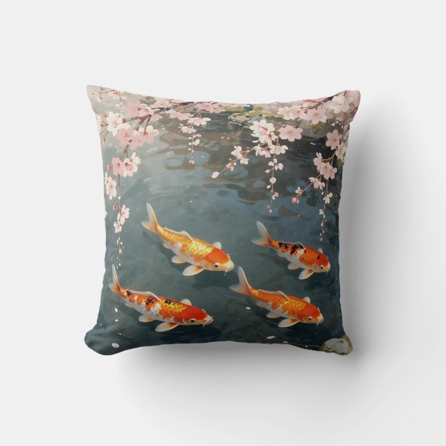 Koi Pond Cherry Blossom Serenity Throw Pillow (Front)