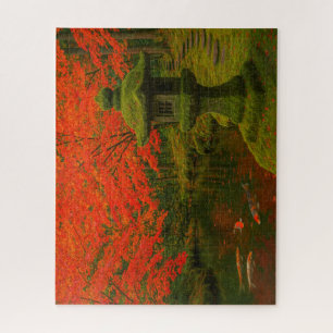 Koi Pond in a Moss Garden with Autumn Maple Jigsaw Puzzle