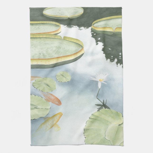 Koi Pond Reflection with Fish and Lilies Kitchen Towel (Vertical)