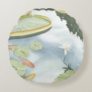 Koi Pond Reflection with Fish and Lilies Round Pillow