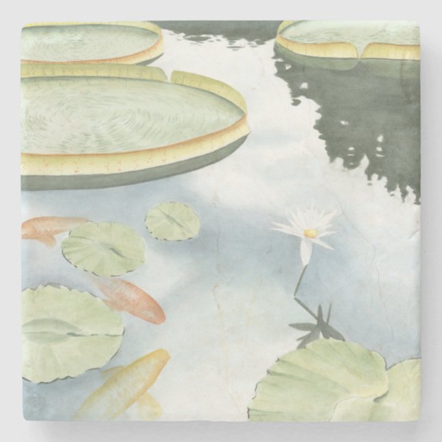 Koi Pond Reflection with Fish and Lilies Stone Coaster (Front)