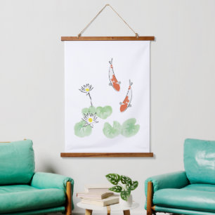 Koi Pond - White Wood Topped Wall Tapestry