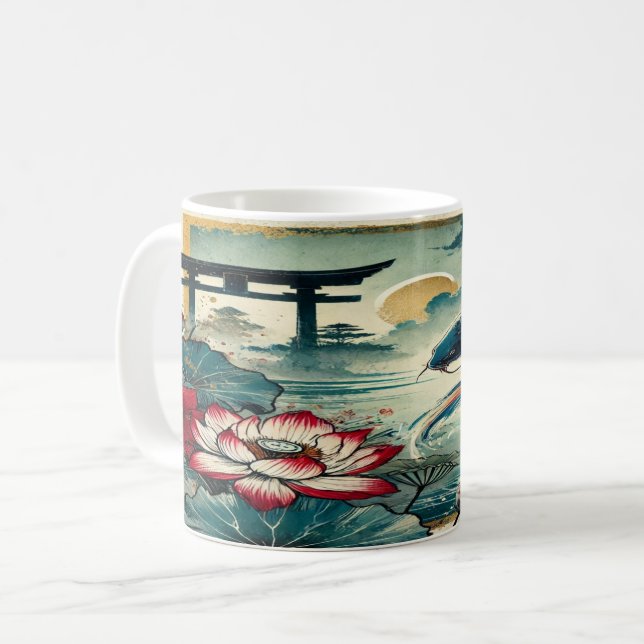 Koi Serenity: Lotus and Torii Under Moonlight Coffee Mug (Front Left)