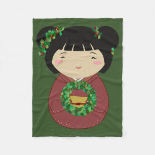 Kokeshi Christmas Wreath Fleece Blanket