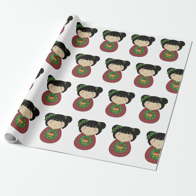 Kokeshi Christmas Wreath Wrapping Paper (Unrolled)