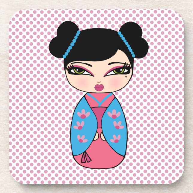 Kokeshi Doll 2 coasters with cork back - set of 6 (Front)