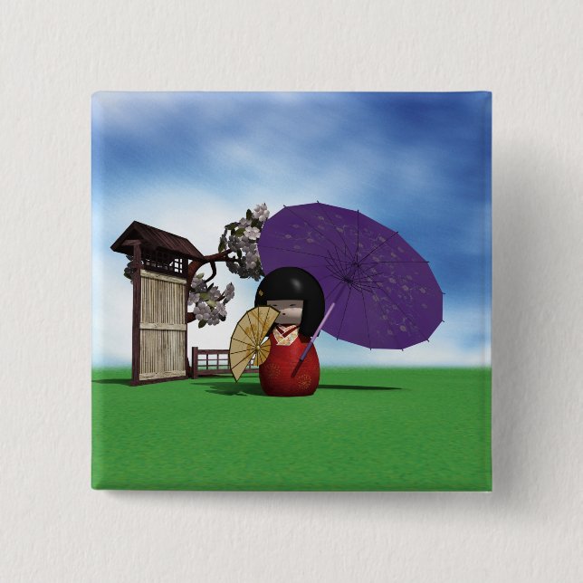 Kokeshi Doll 2 Inch Square Button (Front)