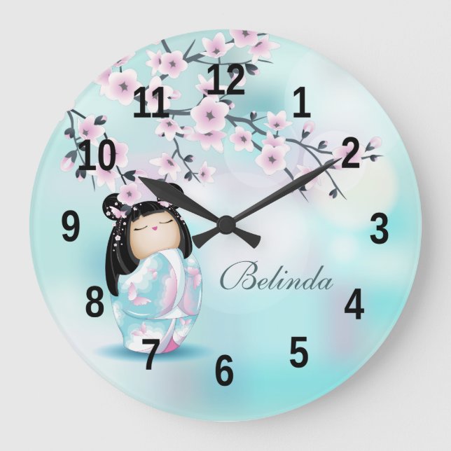 Kokeshi Doll and Cherry Blossoms Turquoise  Large  Clock (Front)