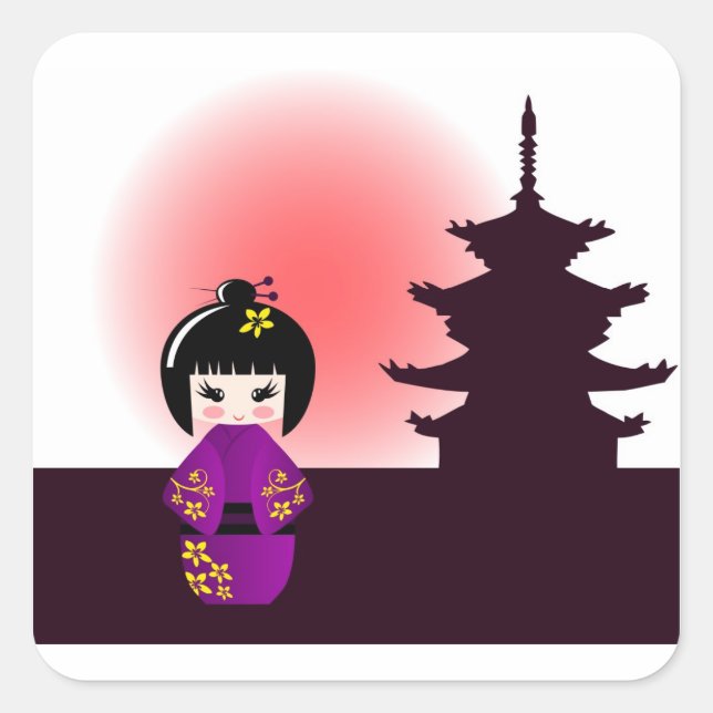 Kokeshi doll and japanese temple square sticker (Front)