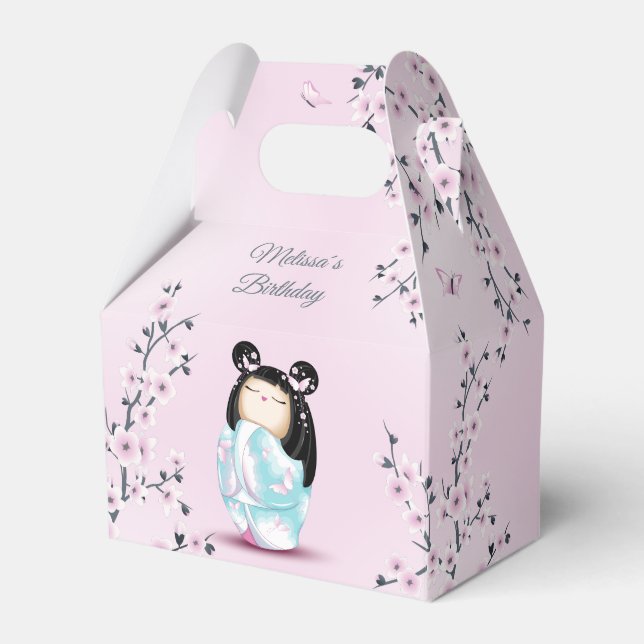 Kokeshi Doll Cherry Blossom Dusty Pink Favor Box (Front Side)