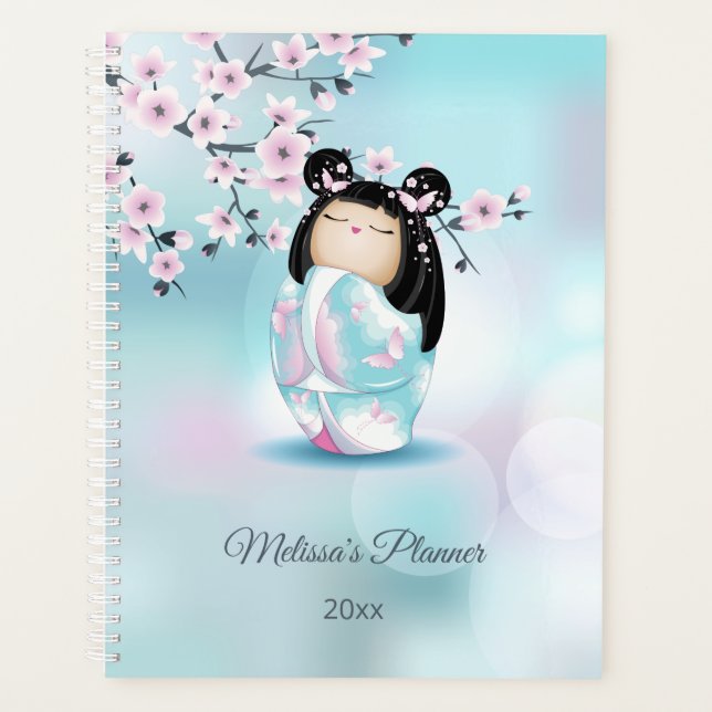Kokeshi Doll Cherry Blossom rose Turquoise Nom (Devant)