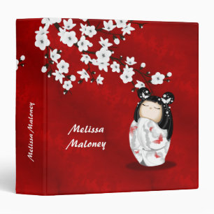 Kokeshi Doll Cherry Blossoms Red Black White 3 Rin Binder