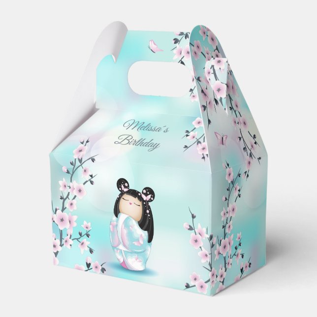 Kokeshi Doll Cherry Blossoms Turquoise Favor Box (Front Side)