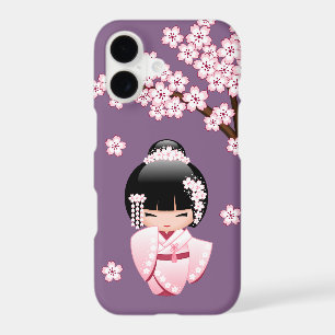 Kokeshi Doll en kimono rose sur fond violet