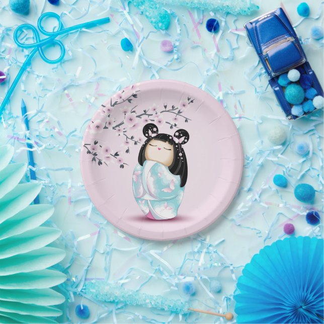 Kokeshi Doll Pink Turquoise Girls Birthday Paper Plate (Party)